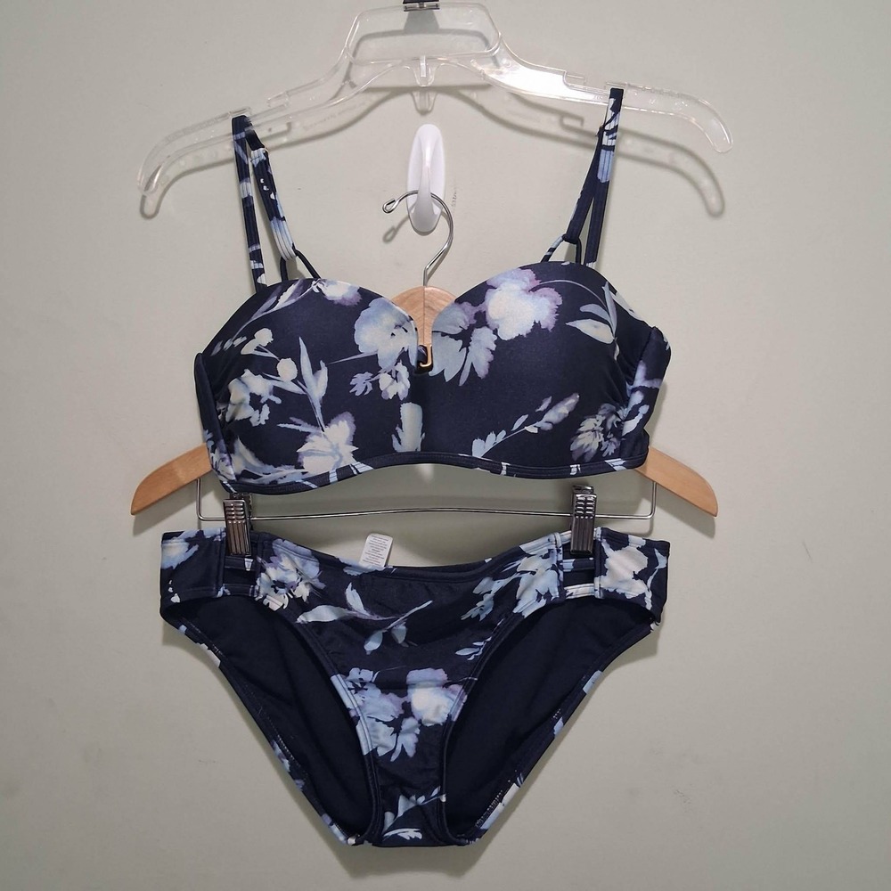 Athleta Floral Bikini Set Navy Blue Underwire Top Strappy Bottoms Size M